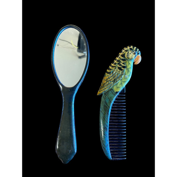 Parrot Bird Set Lot Comb & Mirror Set Handheld Carved Detail Vintage Lot - Picture 6 of 10